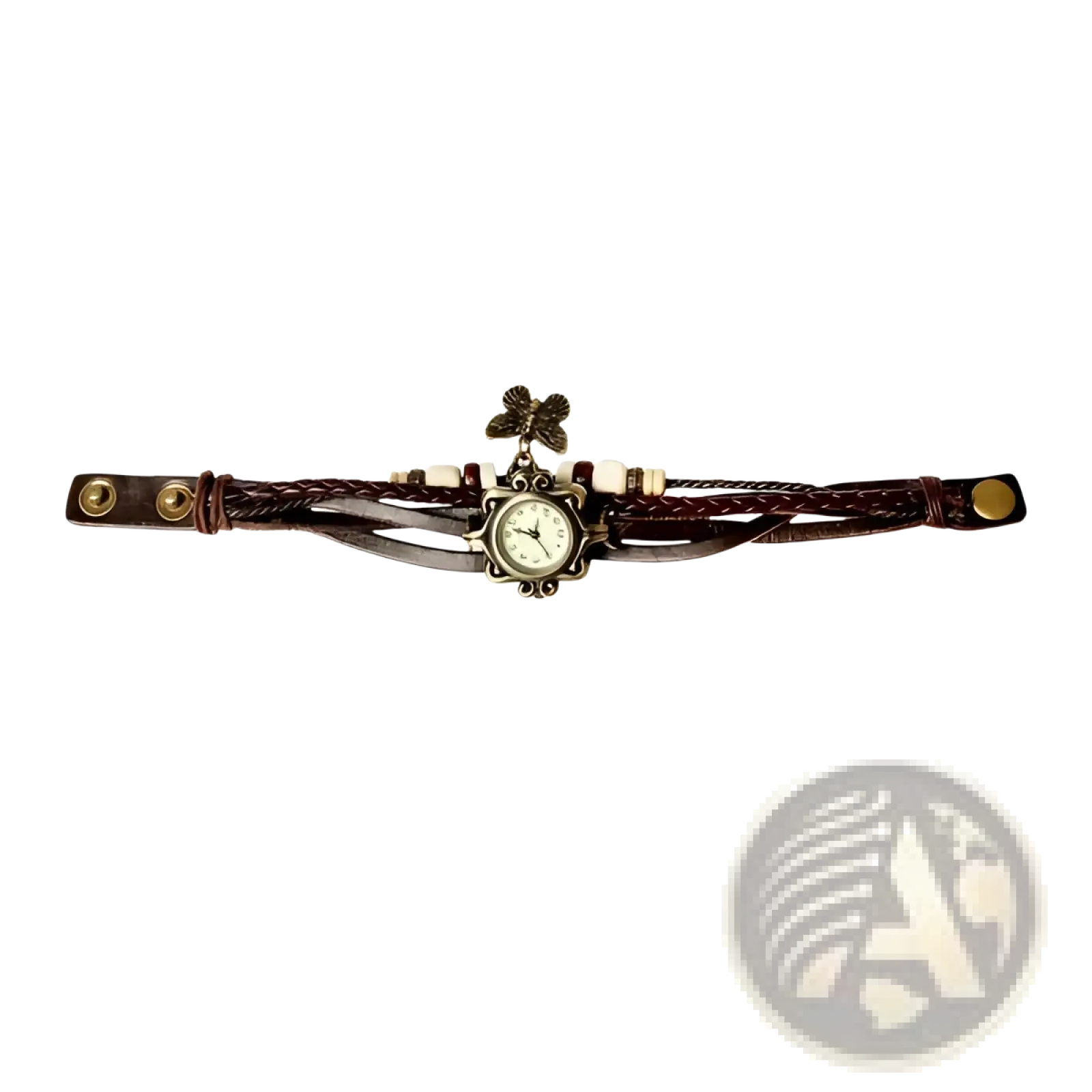 Vintage bohemian watch with brown braided leather bracelet vintage-style clock face and decorative clover charm