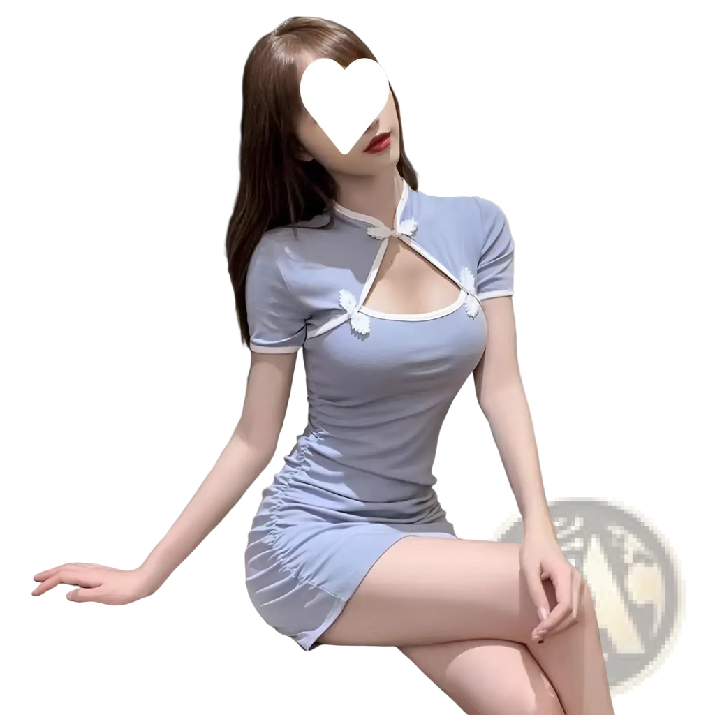 Vintage bow accent bodycon mini dress in light blue with white lace trim and decorative bows at the neckline