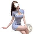 Vintage bow accent bodycon mini dress in light blue with white lace trim and decorative bows at the neckline