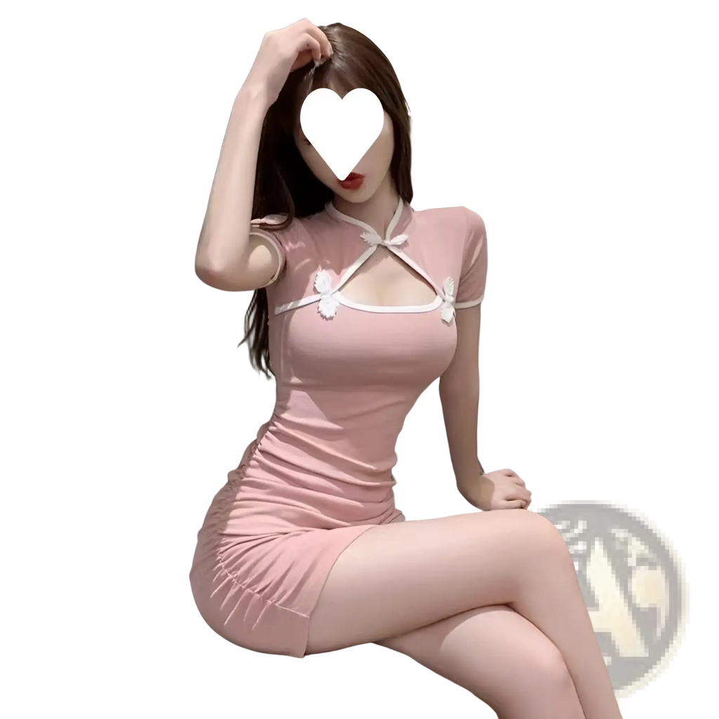 Vintage bow accent bodycon mini dress in pink with white lace trim and bows at the neckline in cheongsam style