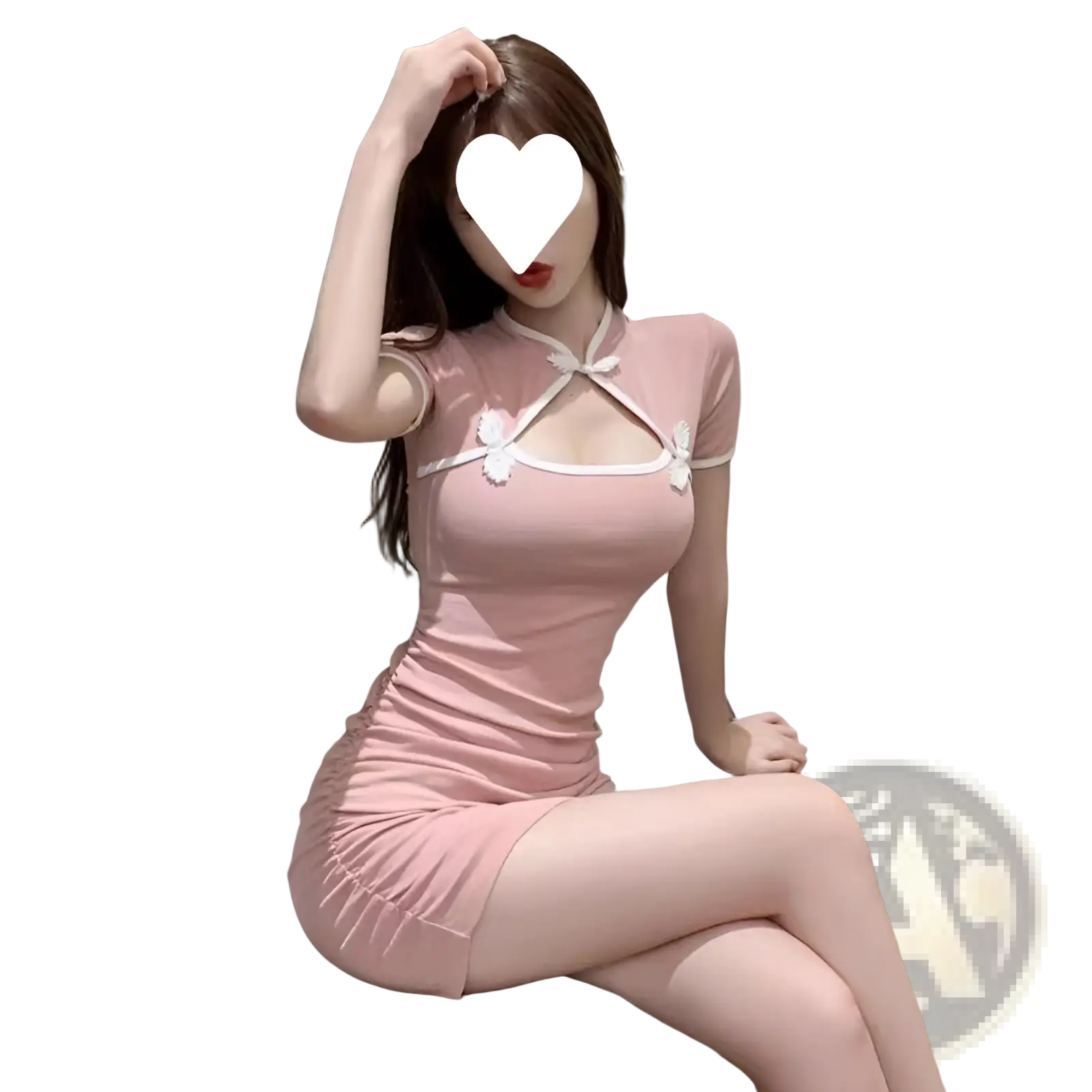 Vintage bow accent bodycon mini dress in pink with white lace trim and bows at the neckline in cheongsam style