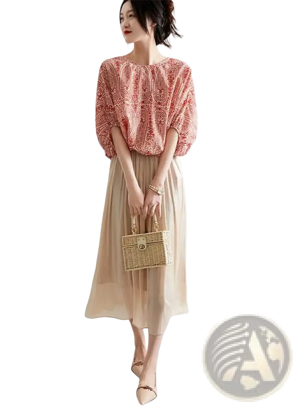 A woven wicker handbag with a rectangular shape and gold-tone metal clasp for vintage bow batwing chiffon blouse styling