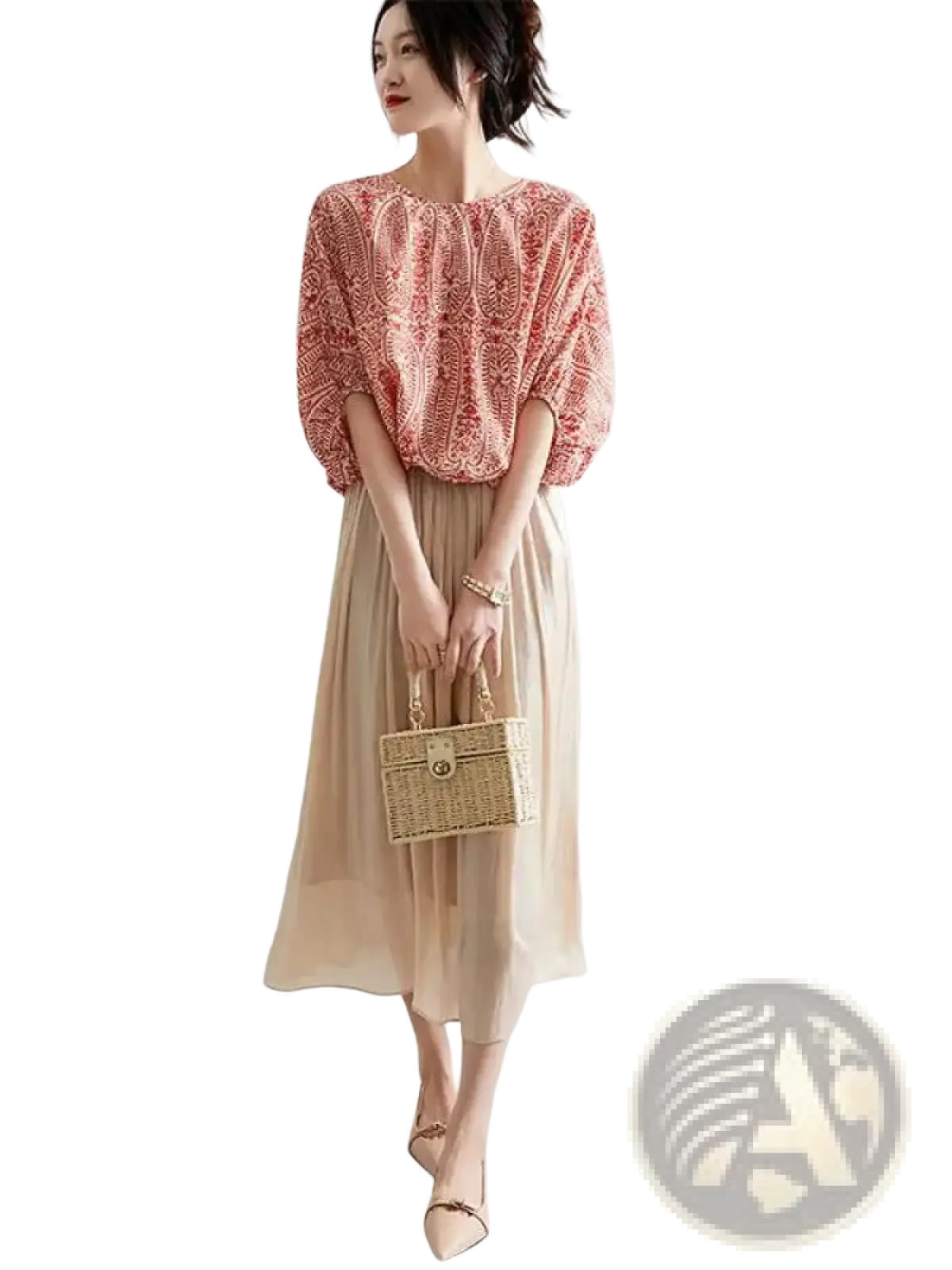 A woven wicker handbag with a rectangular shape and gold-tone metal clasp for vintage bow batwing chiffon blouse styling