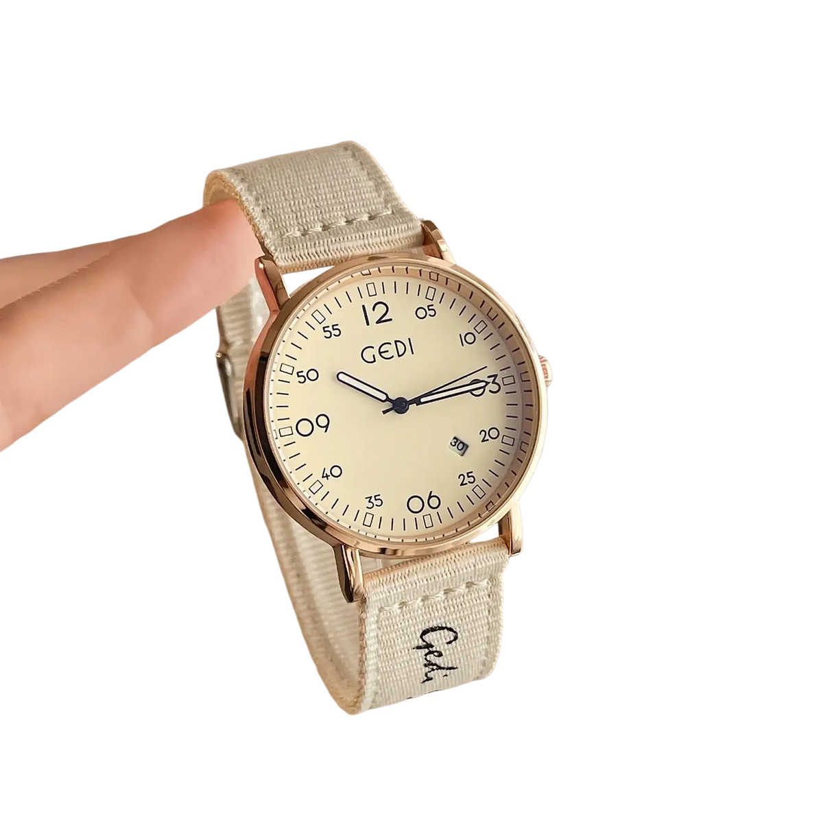 Vintage braided canvas quartz watch with beige gedi dial rose gold case and matching fabric strap minimalist design