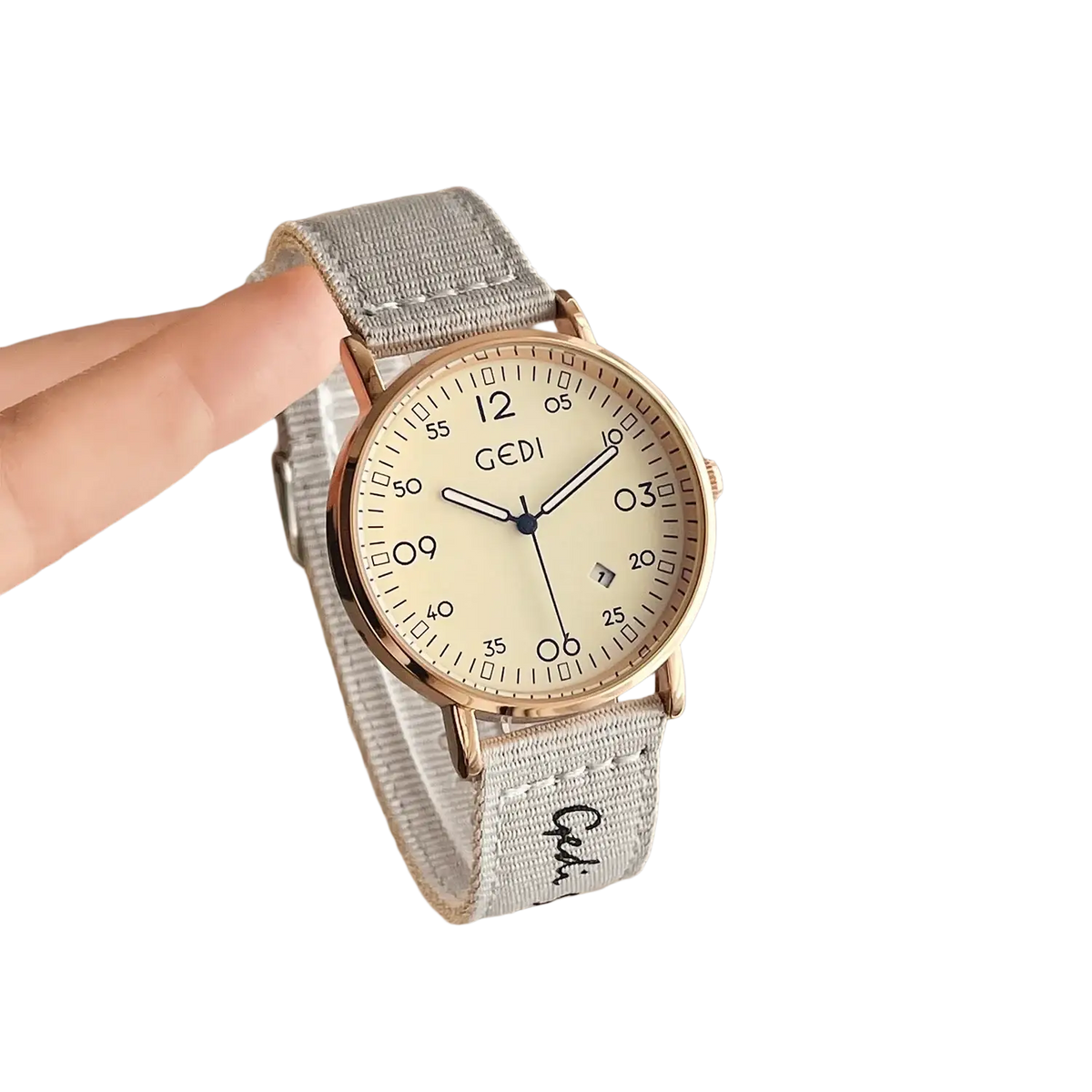 Vintage braided canvas quartz watch with rose gold-toned case cream dial black numerals on light gray woven fabric strap
