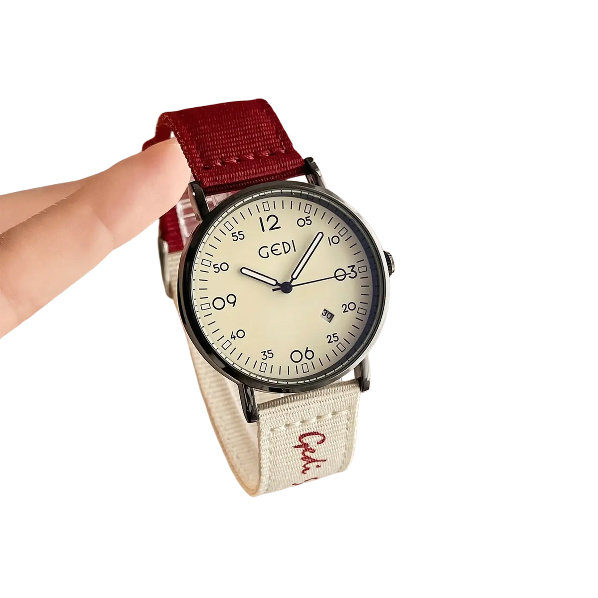 A gedi vintage braided canvas quartz watch with cream dial, black markers, silver case, and red off-white fabric strap