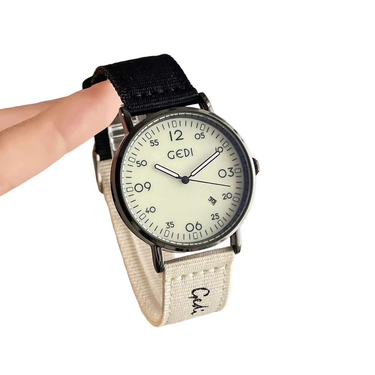 Vintage braided canvas quartz watch with a minimalist gedi cream dial black and white fabric straps and silver casing