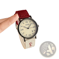 A gedi vintage braided canvas quartz watch with cream dial, black markers, silver case, and red off-white fabric strap