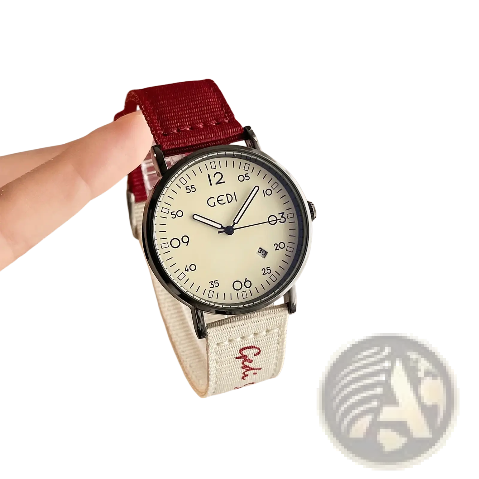 A gedi vintage braided canvas quartz watch with cream dial, black markers, silver case, and red off-white fabric strap