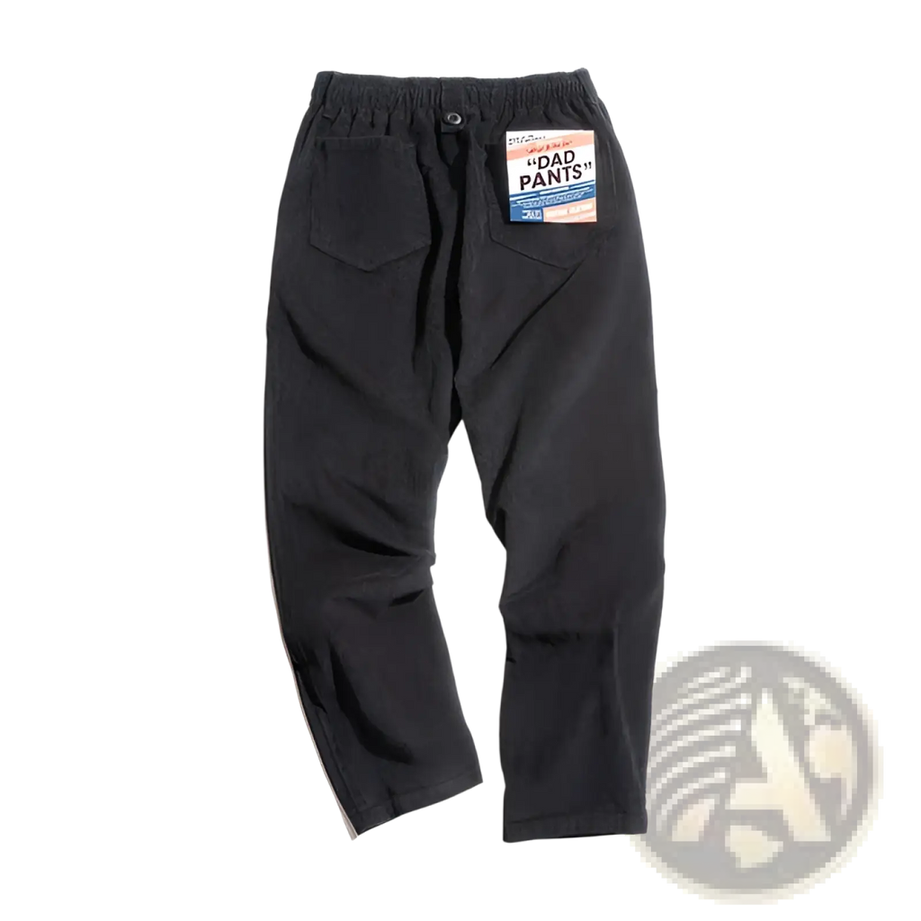 Vintage brown corduroy cargo pants showing back side with black corduroy dad pants style elastic waistband and rear pockets