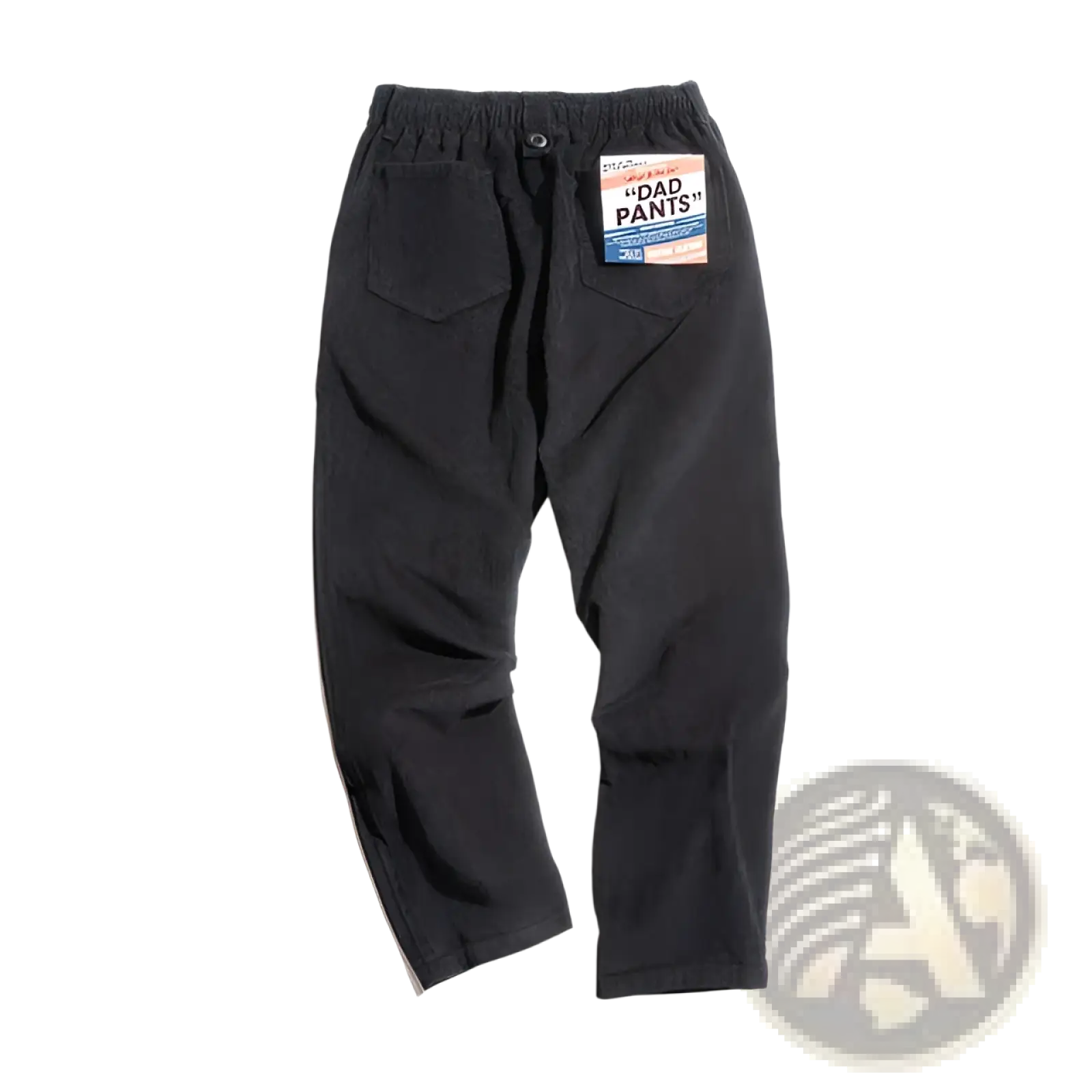 Vintage brown corduroy cargo pants showing back side with black corduroy dad pants style elastic waistband and rear pockets