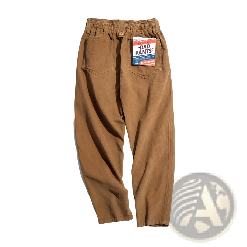 Vintage brown corduroy cargo pants with elastic waistband and dad pants tag in brown corduroy fabric