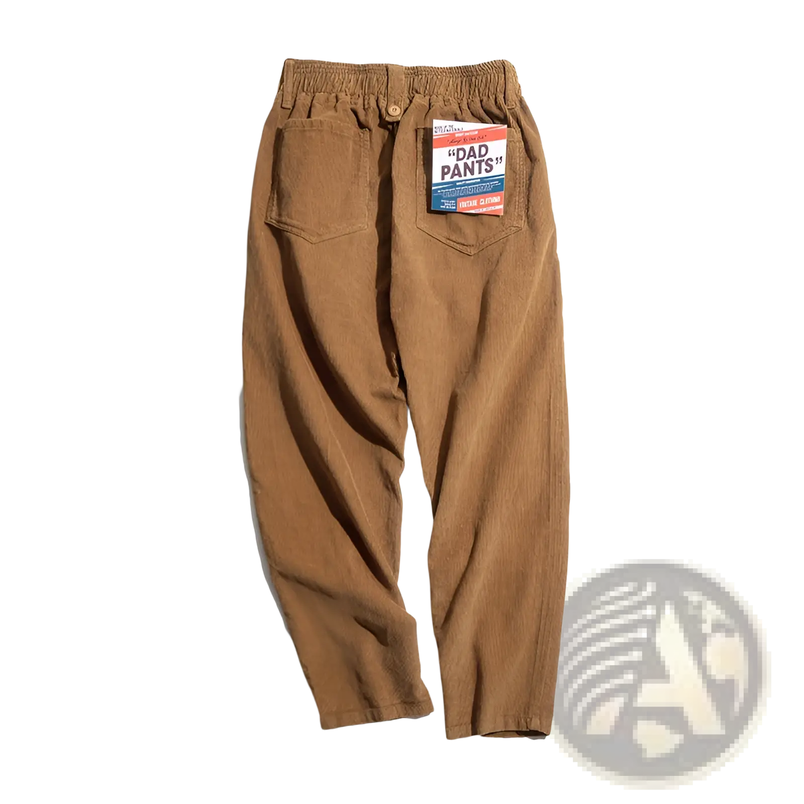 Vintage brown corduroy cargo pants with elastic waistband and dad pants tag in brown corduroy fabric