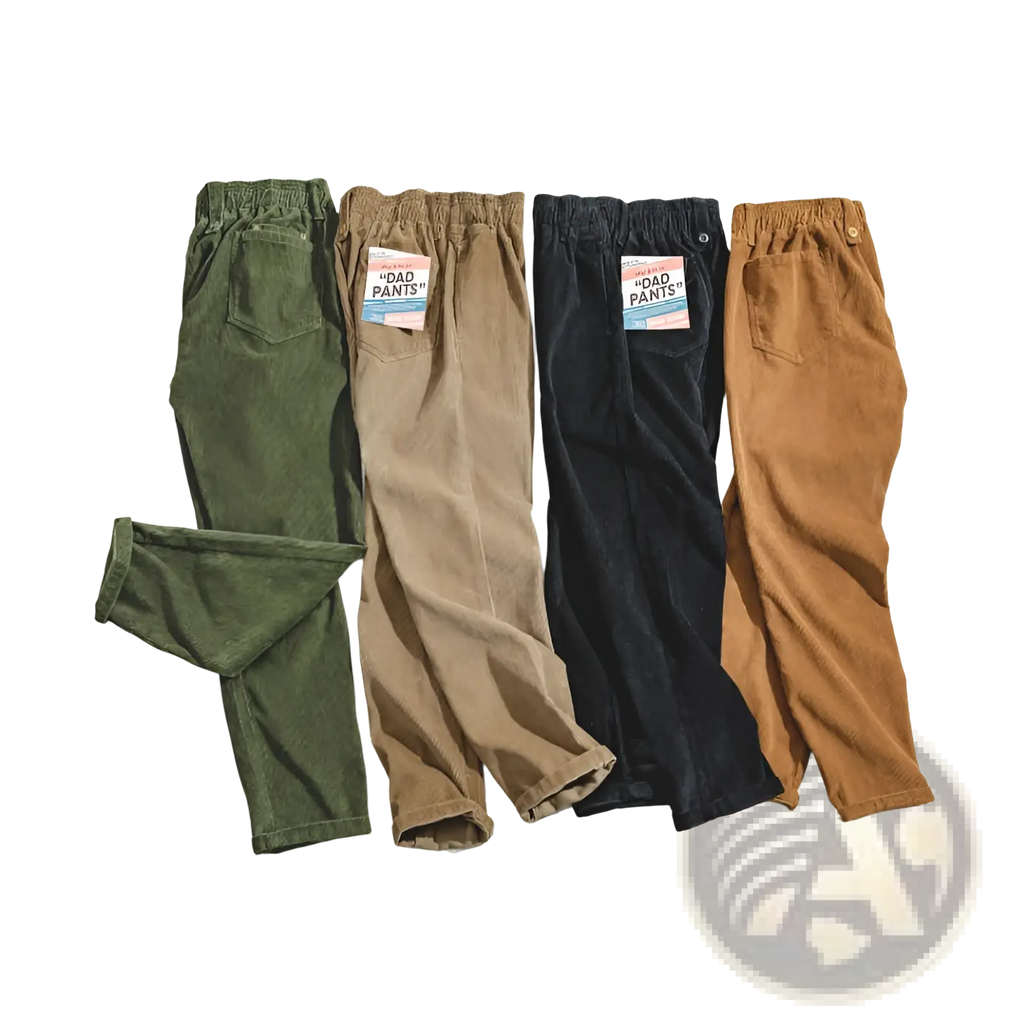Back view of vintage brown corduroy cargo pants in olive green beige black and tan with elastic waistband and dad pants label