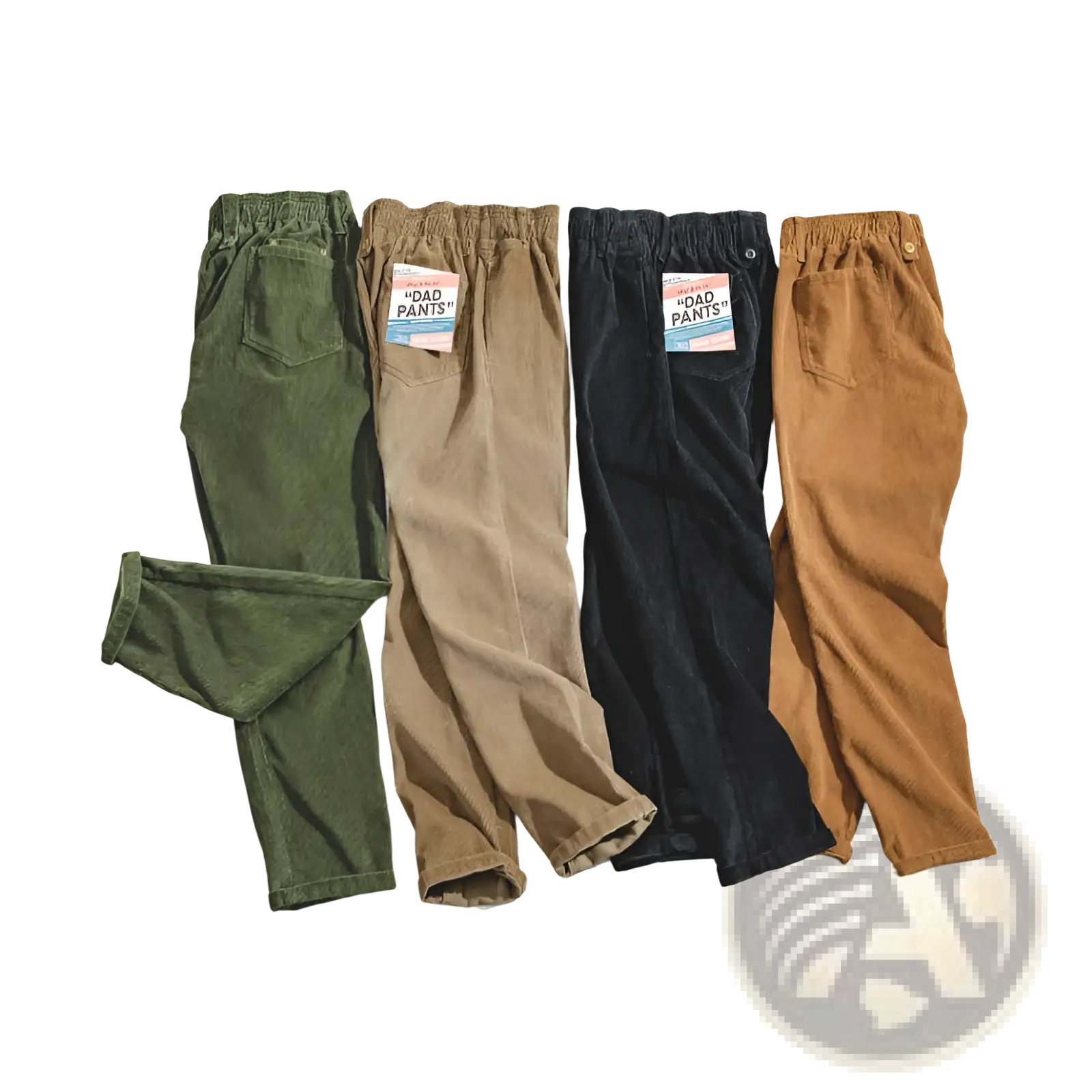 Back view of vintage brown corduroy cargo pants in olive green beige black and tan with elastic waistband and dad pants label