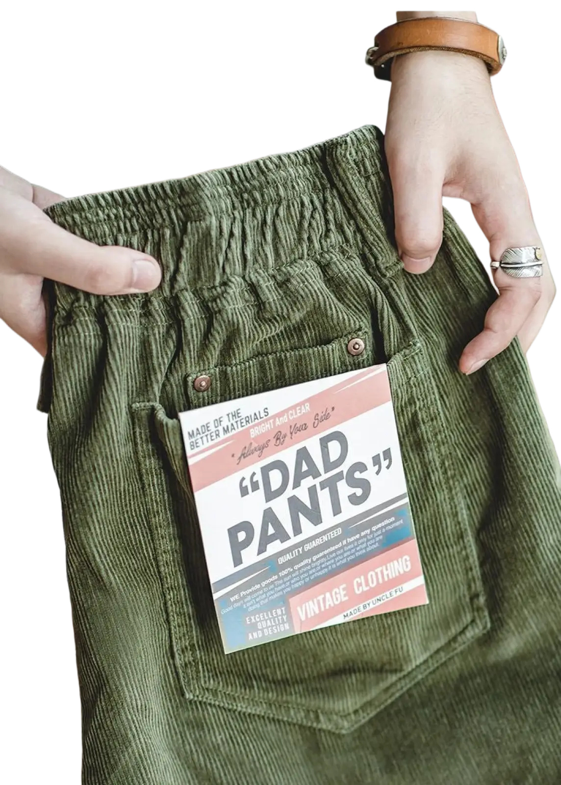 Back side of vintage brown corduroy cargo pants showing olive green corduroy dad pants with relaxed fit and buttoned pocket