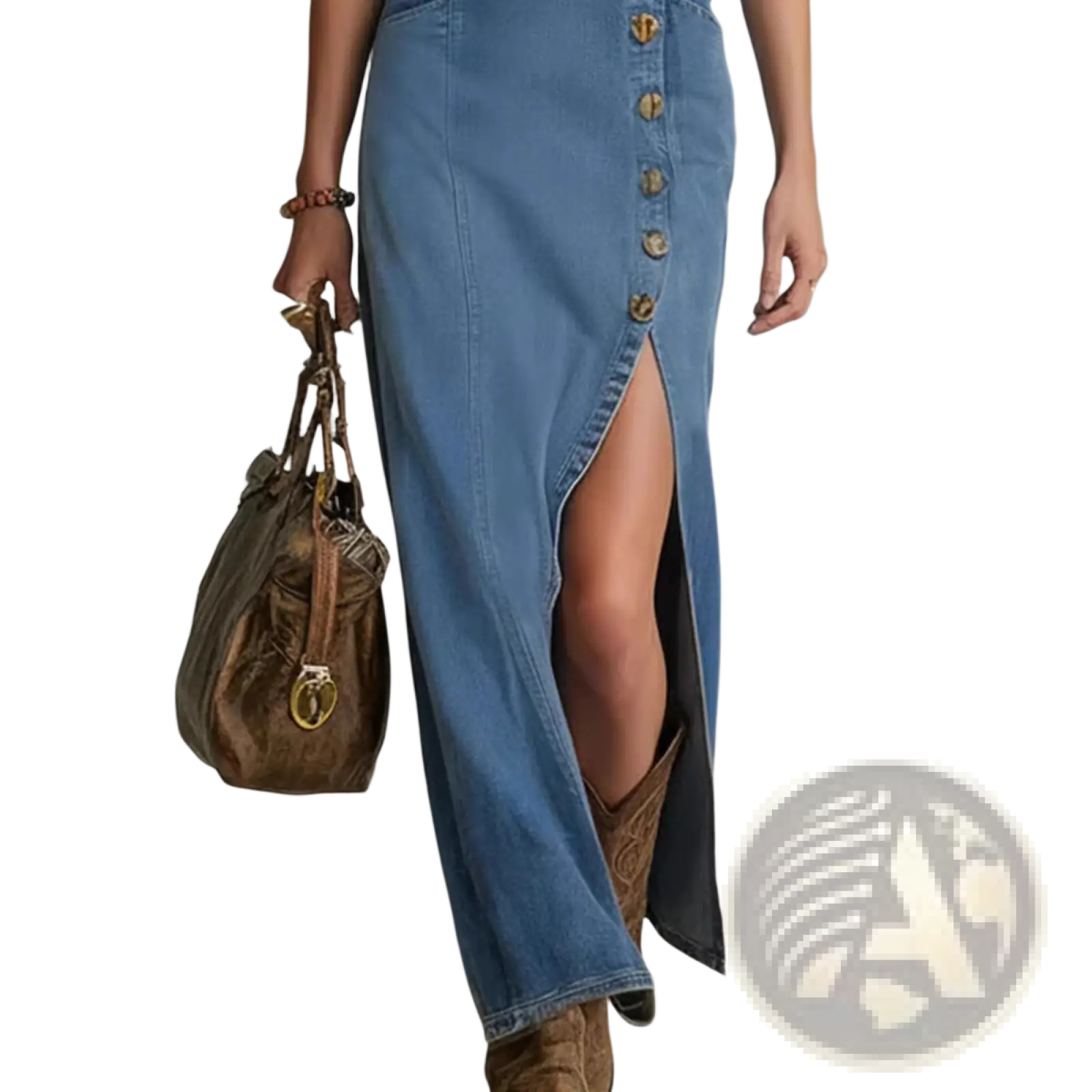A mid-blue denim midi skirt with front button closure and high slit paired with a vintage sleeveless denim maxi dress