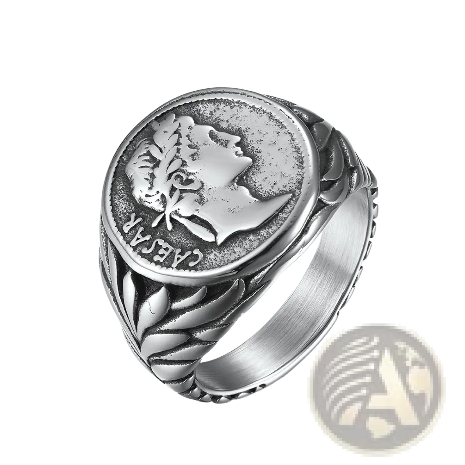 Silver-toned vintage Caesar portrait stainless steel signet ring with embossed Roman coin and laurel wreath design