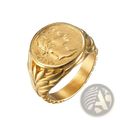 Gold-colored vintage caesar portrait stainless steel signet ring with intricate laurel leaf detailing on the band