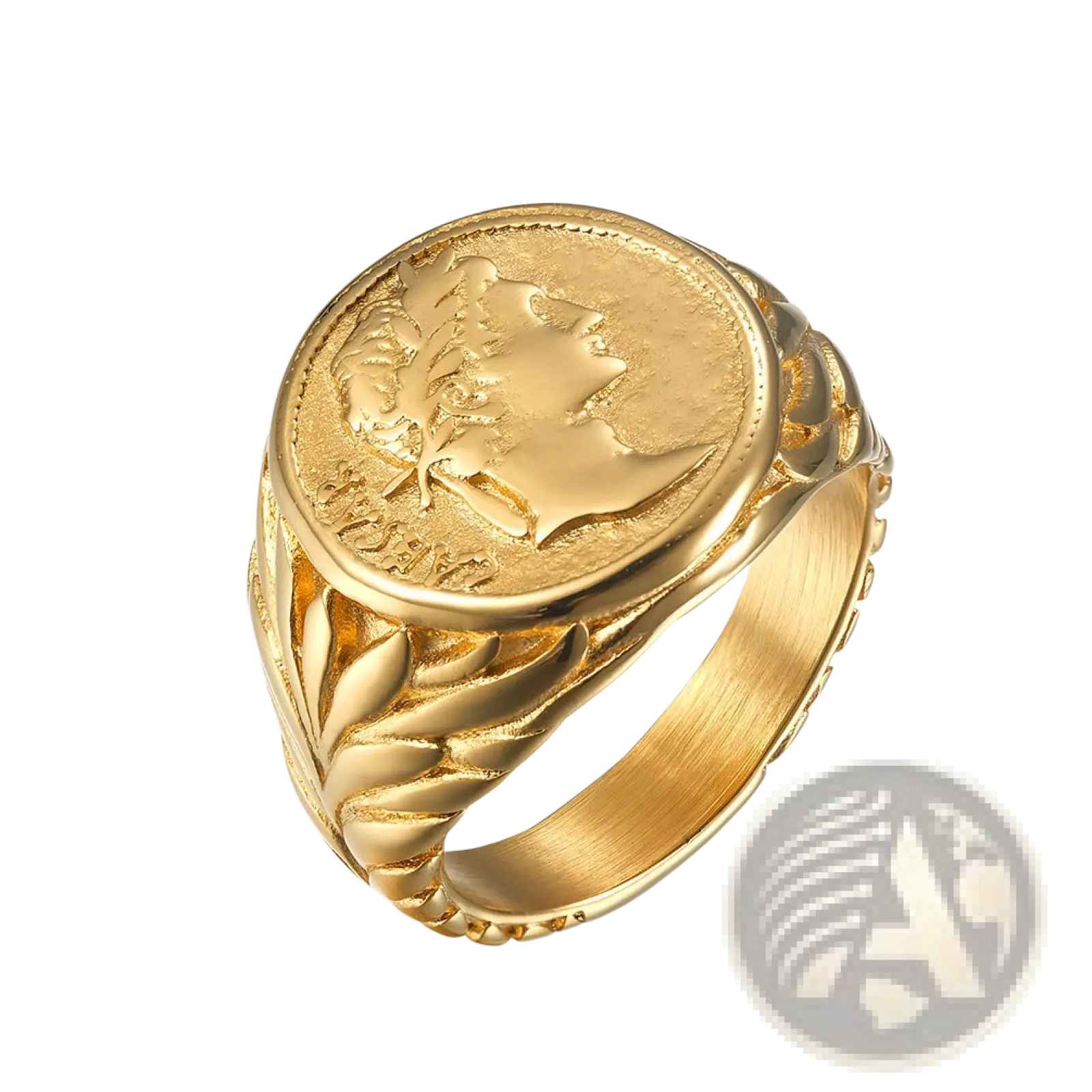 Gold-colored vintage caesar portrait stainless steel signet ring with intricate laurel leaf detailing on the band