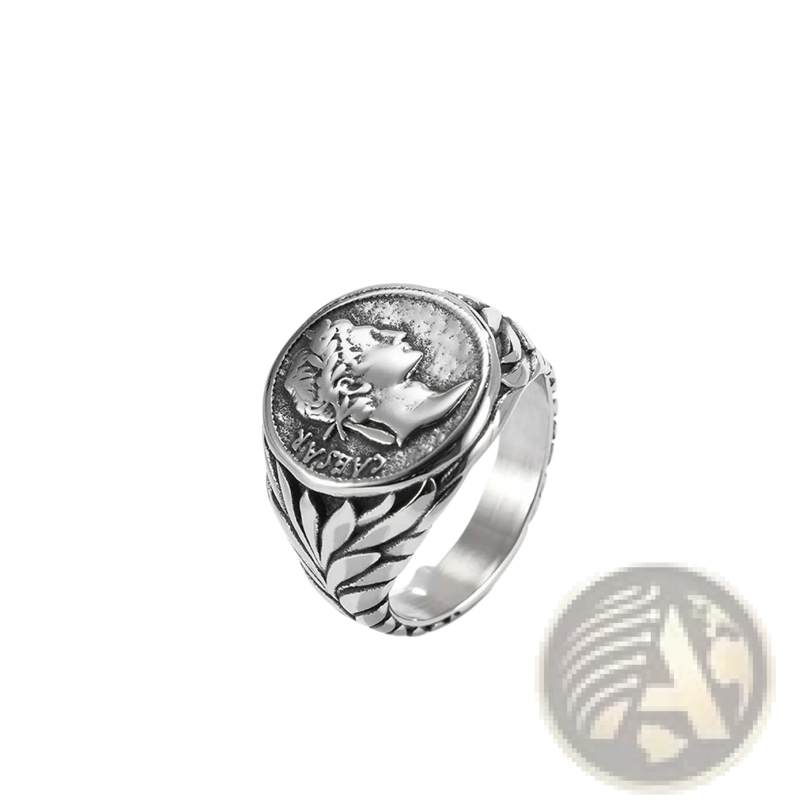 Silver-toned vintage caesar portrait stainless steel signet ring with embossed roman coin and leaf motif band