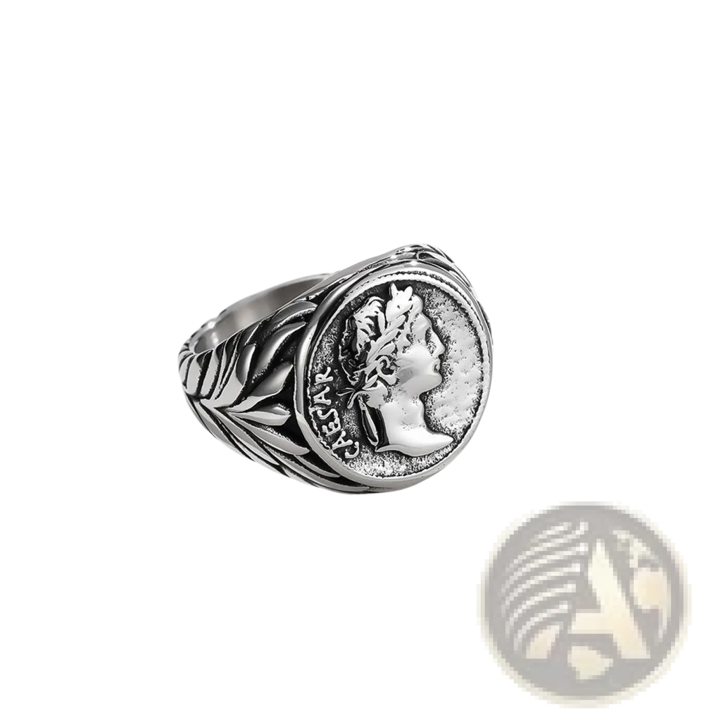Silver-toned vintage Caesar portrait stainless steel signet ring with detailed classical profile and laurel leaves relief
