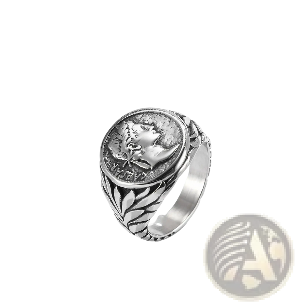 Silver-toned vintage Caesar portrait stainless steel signet ring with embossed Roman coin and leaf-adorned band