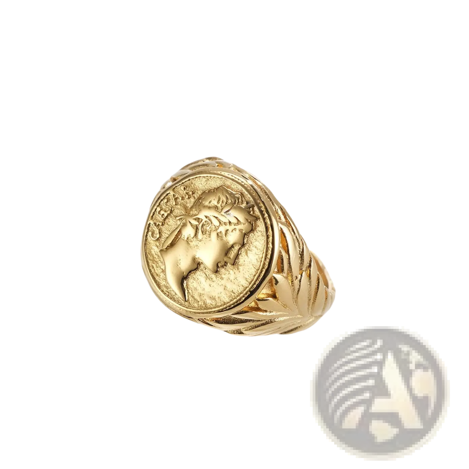 Gold-colored vintage caesar portrait stainless steel signet ring with embossed classical profile and ornate leaf-patterned band