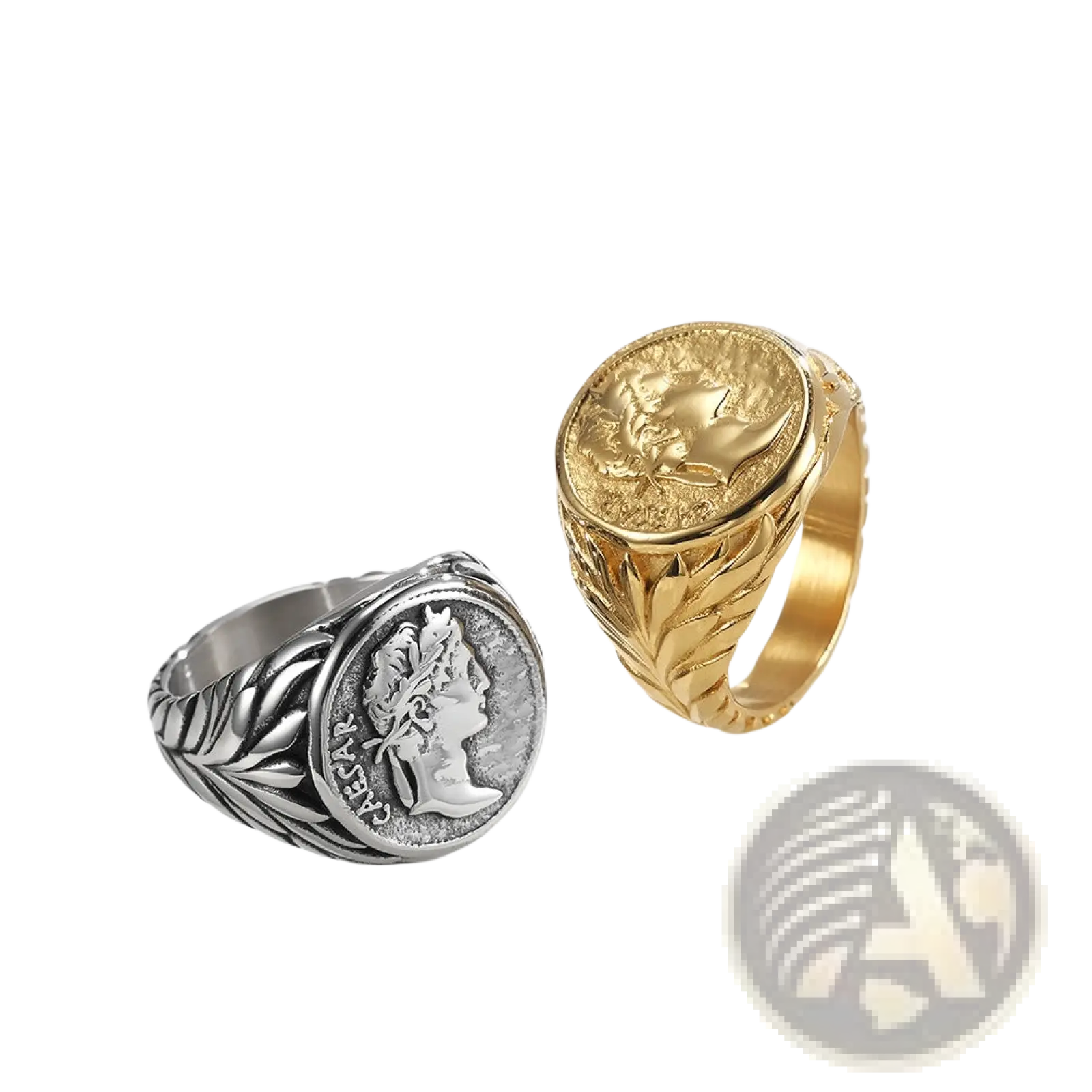 Two vintage caesar portrait stainless steel signet rings in silver with leafy band and gold with engraved medallion designs