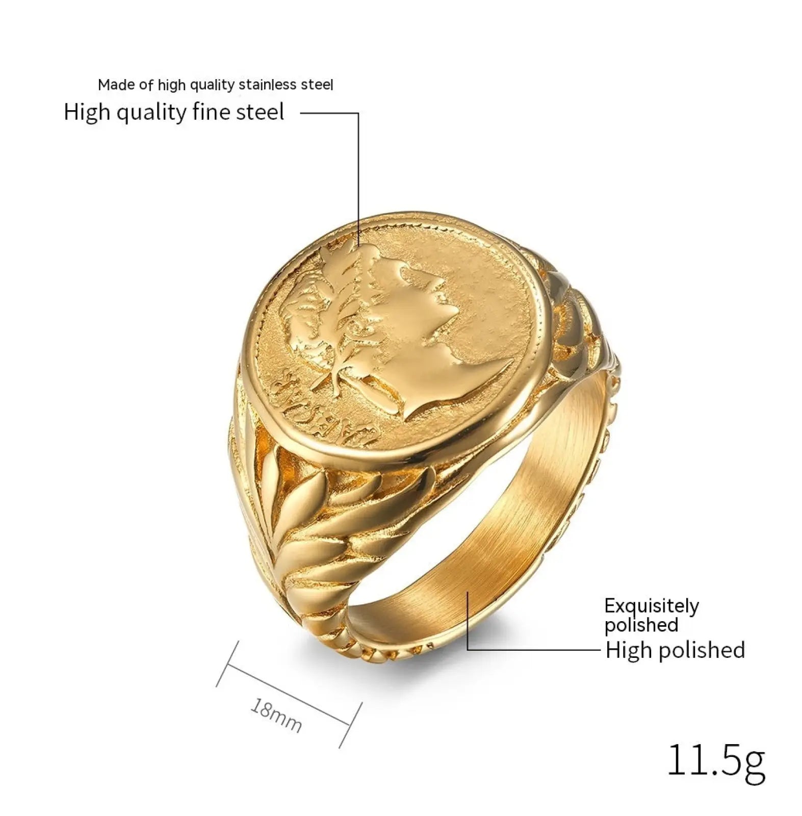 Gold-colored high-polished stainless steel vintage Caesar portrait signet ring with detailed laurel wreath medallion