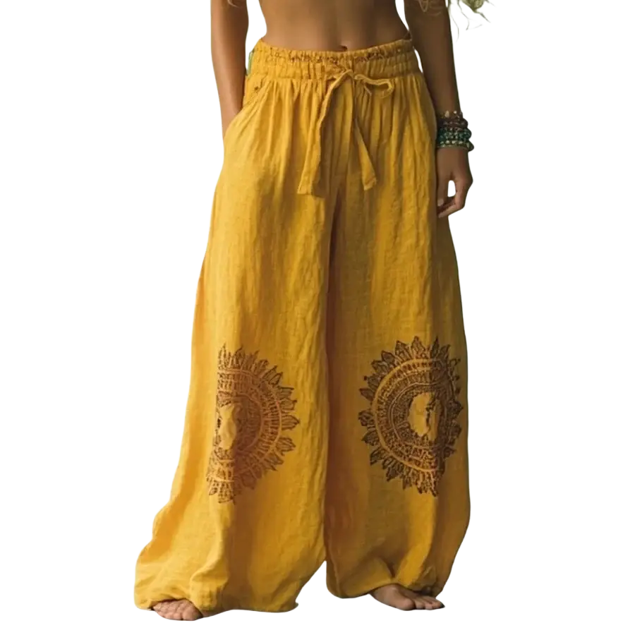 Yellow vintage casual wide leg pants with loose fit and deep brown sun pattern ethnic print on sides