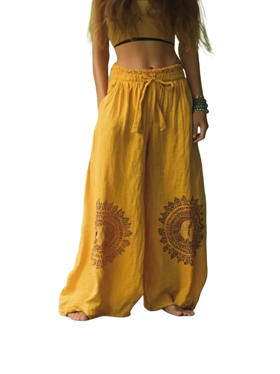 Yellow vintage casual wide leg pants with embroidered sunburst patterns in a casual pants style design