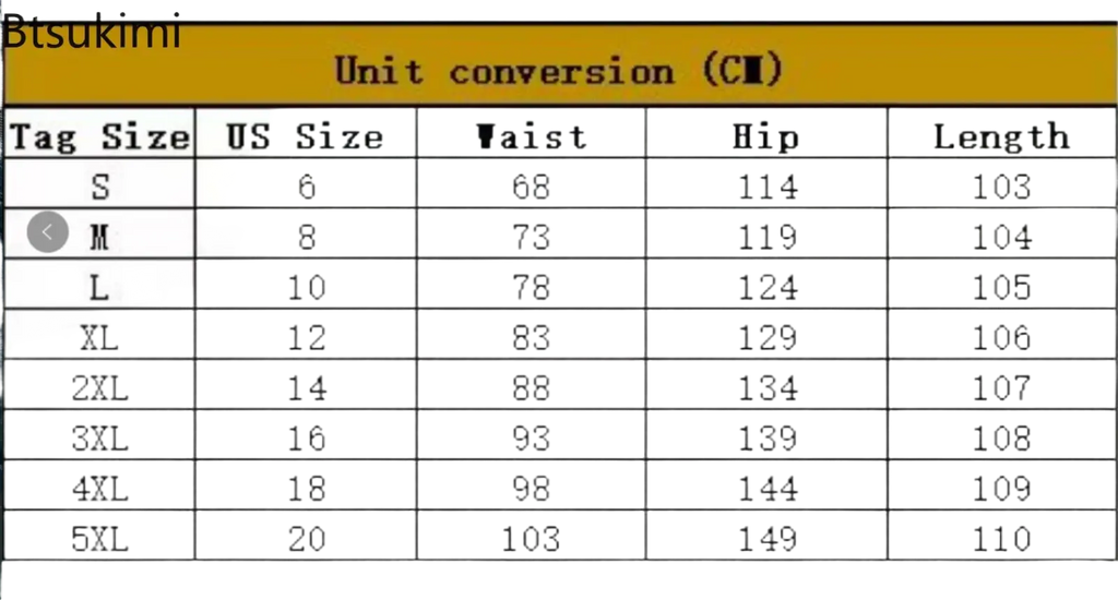 Btsukimi size conversion chart in centimeters for vintage casual wide leg pants ethnic print yellow from s to 5xl