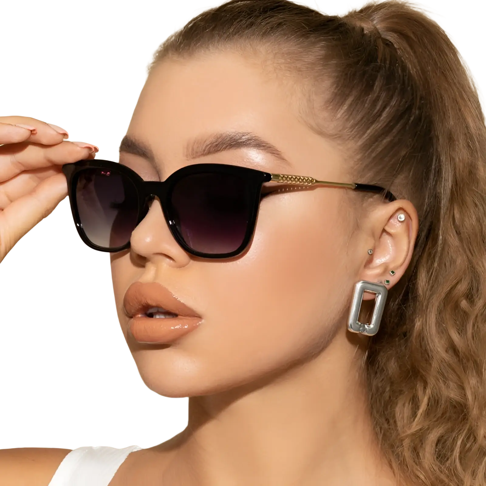 Vintage cat eye sunglasses with black frames, gradient dark lenses, and gold-tone beaded temple arms