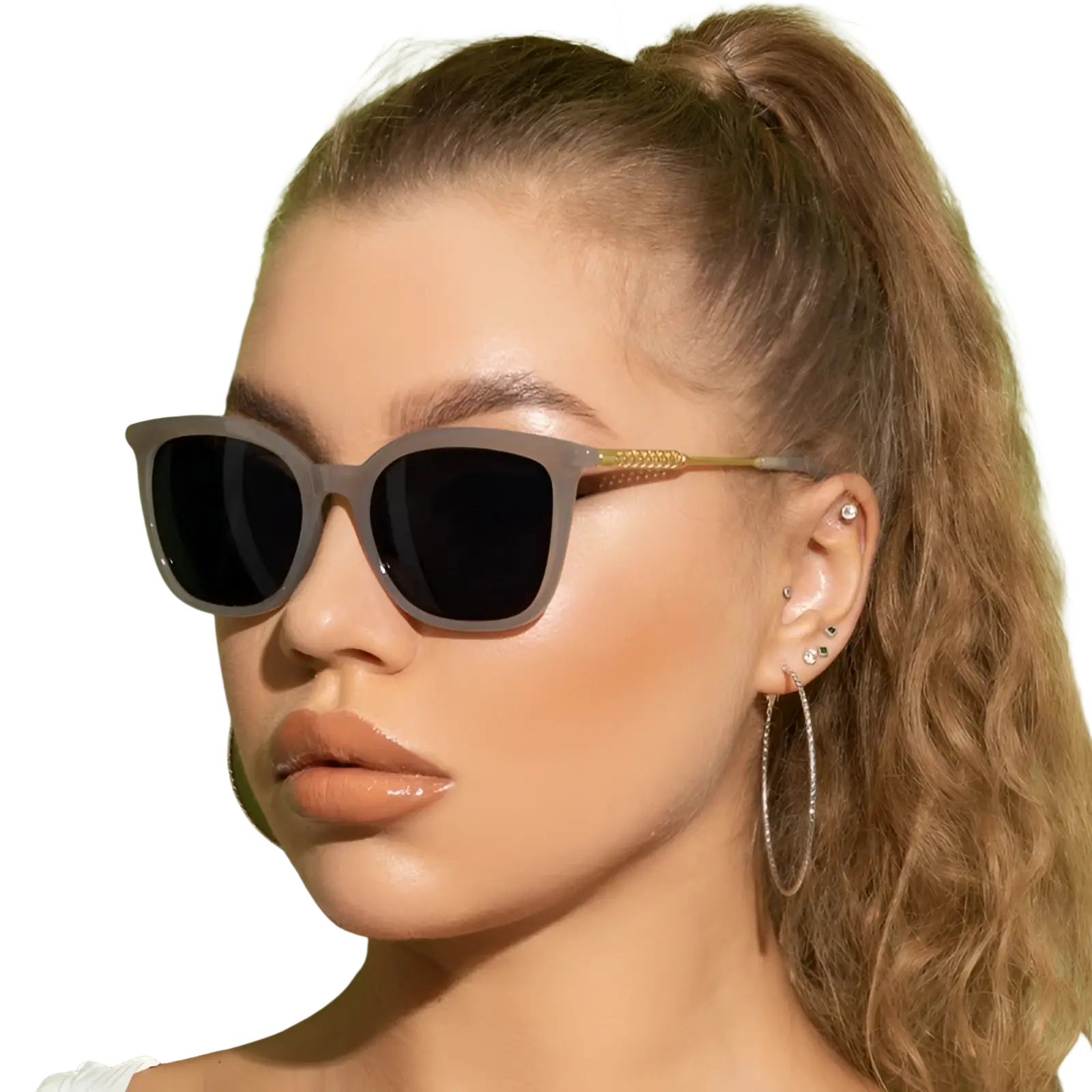Gray vintage cat-eye sunglasses with gold-tone chain detail and dark lenses for stylish sun protection