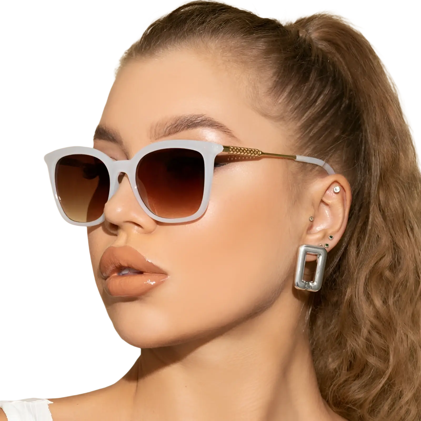 Vintage white cat eye sunglasses with gradient brown lenses and gold tone temple chain detail