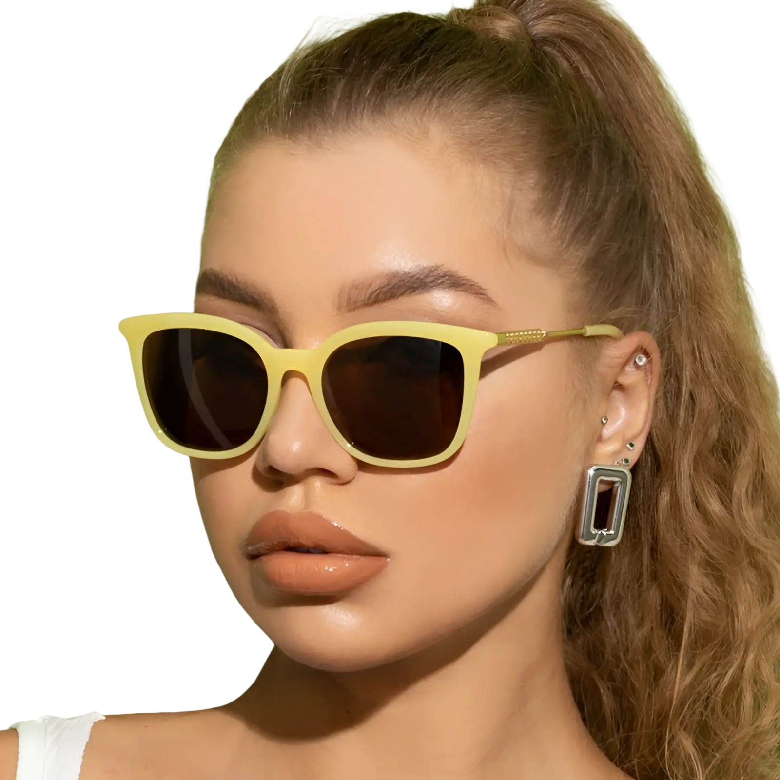 Vintage cat eye sunglasses with yellow frames, dark lenses, gold-tone metal, and gold chain detail