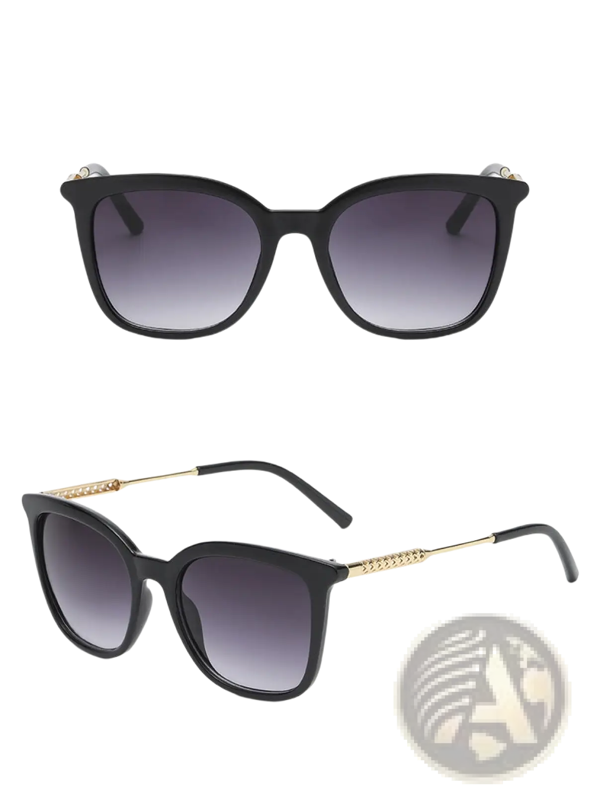 Vintage cat eye sunglasses featuring black frames with gradient gray lenses and gold-tone chain detail on the temples