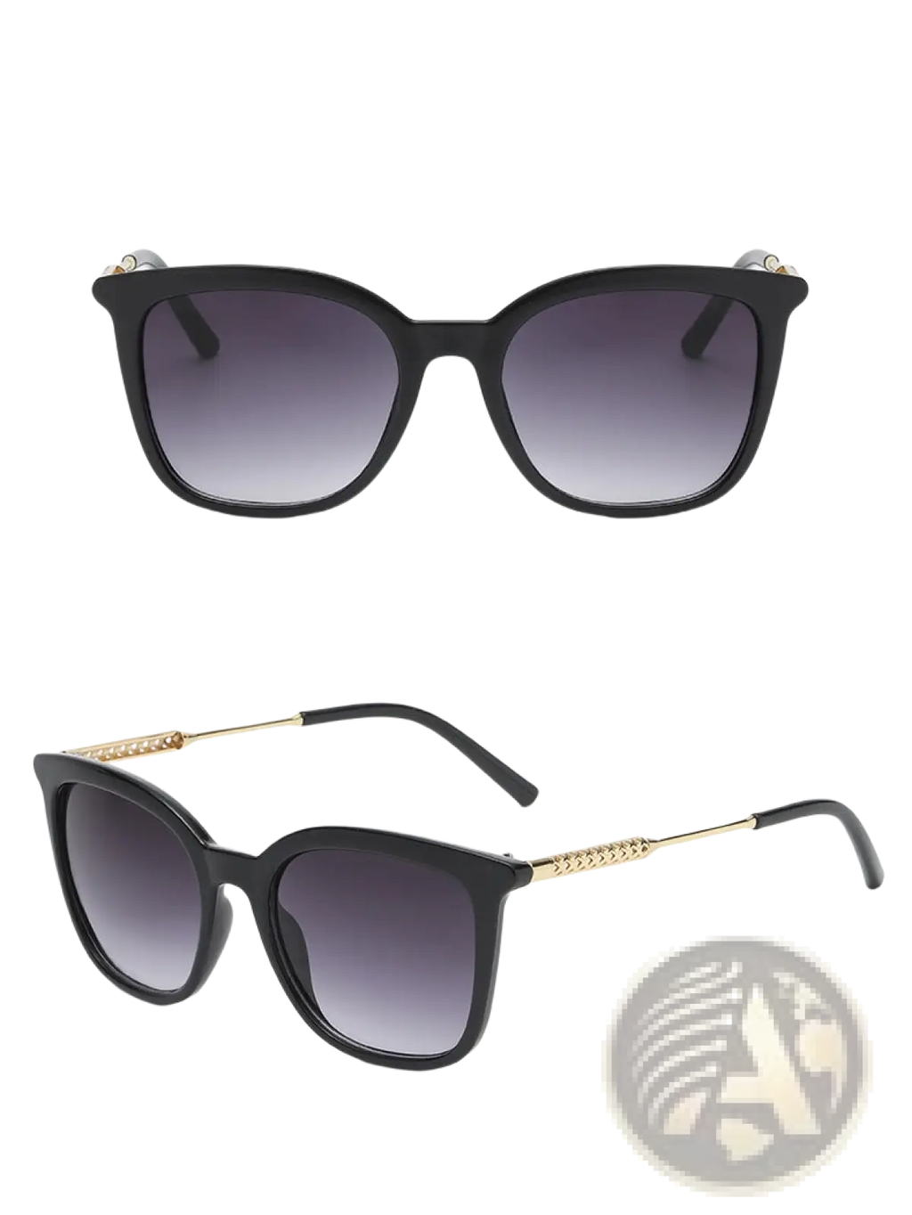 Vintage cat eye sunglasses featuring black frames with gradient gray lenses and gold-tone chain detail on the temples