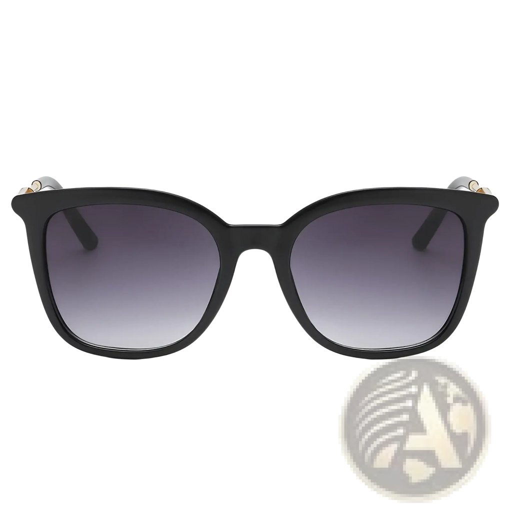 Vintage cat eye sunglasses with black acetate frame, gradient gray lenses, and gold-tone temple tips with chain detail