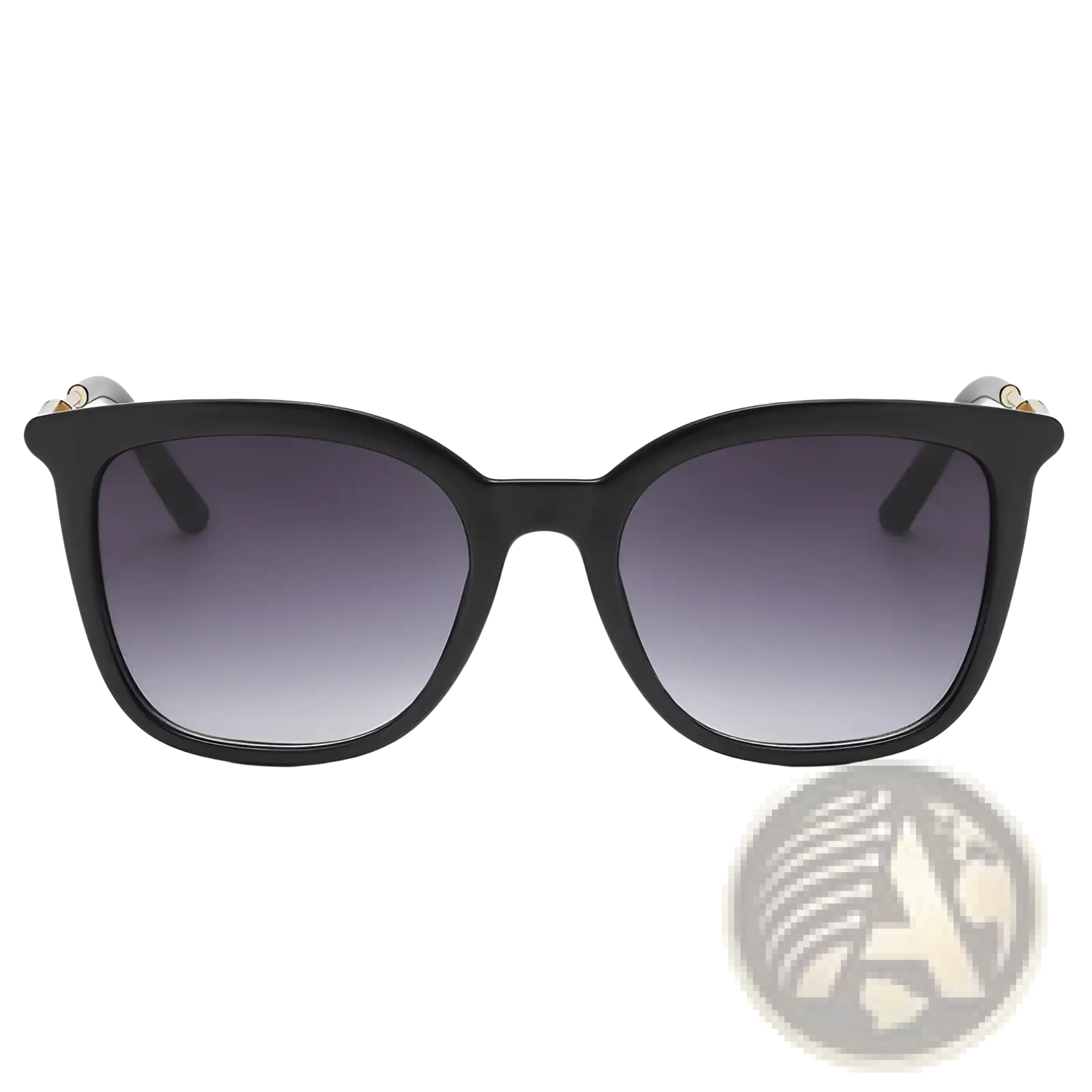 Vintage cat eye sunglasses with black acetate frame, gradient gray lenses, and gold-tone temple tips with chain detail