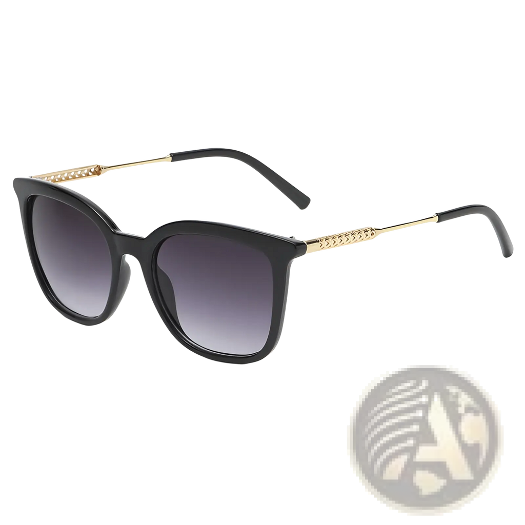 Vintage cat eye sunglasses in black with gold tone chain link detailing and gradient gray lenses