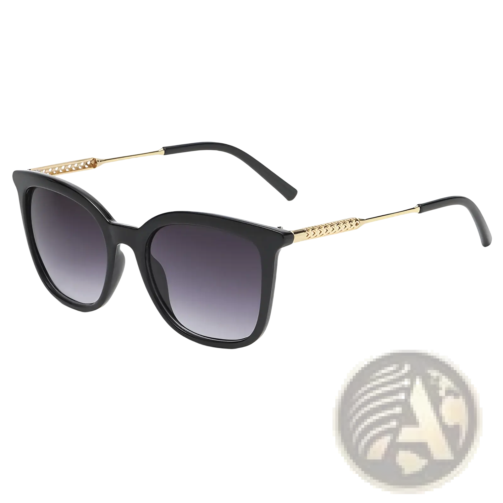 Vintage cat eye sunglasses in black with gold tone chain link detailing and gradient gray lenses