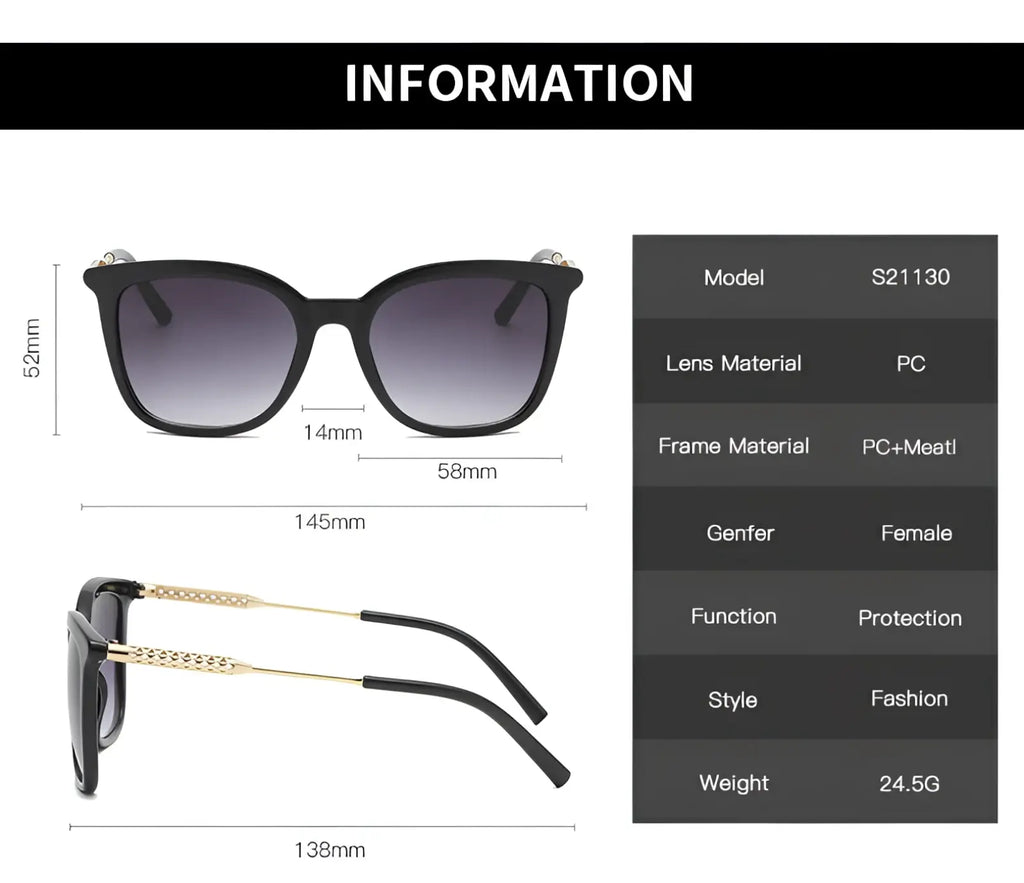 Black vintage cat eye sunglasses with gradient gray lenses and gold tone textured chain detail on temple tips