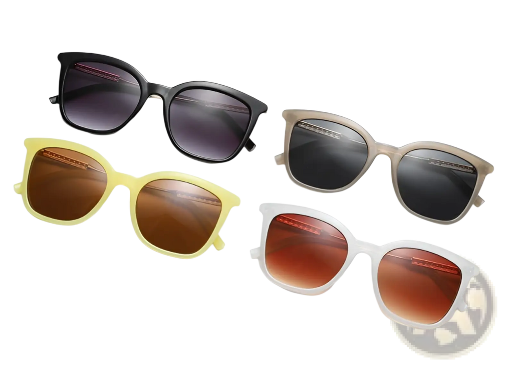 Set of vintage cat eye sunglasses with gold chain detail in black yellow beige and white frames with gradient lenses
