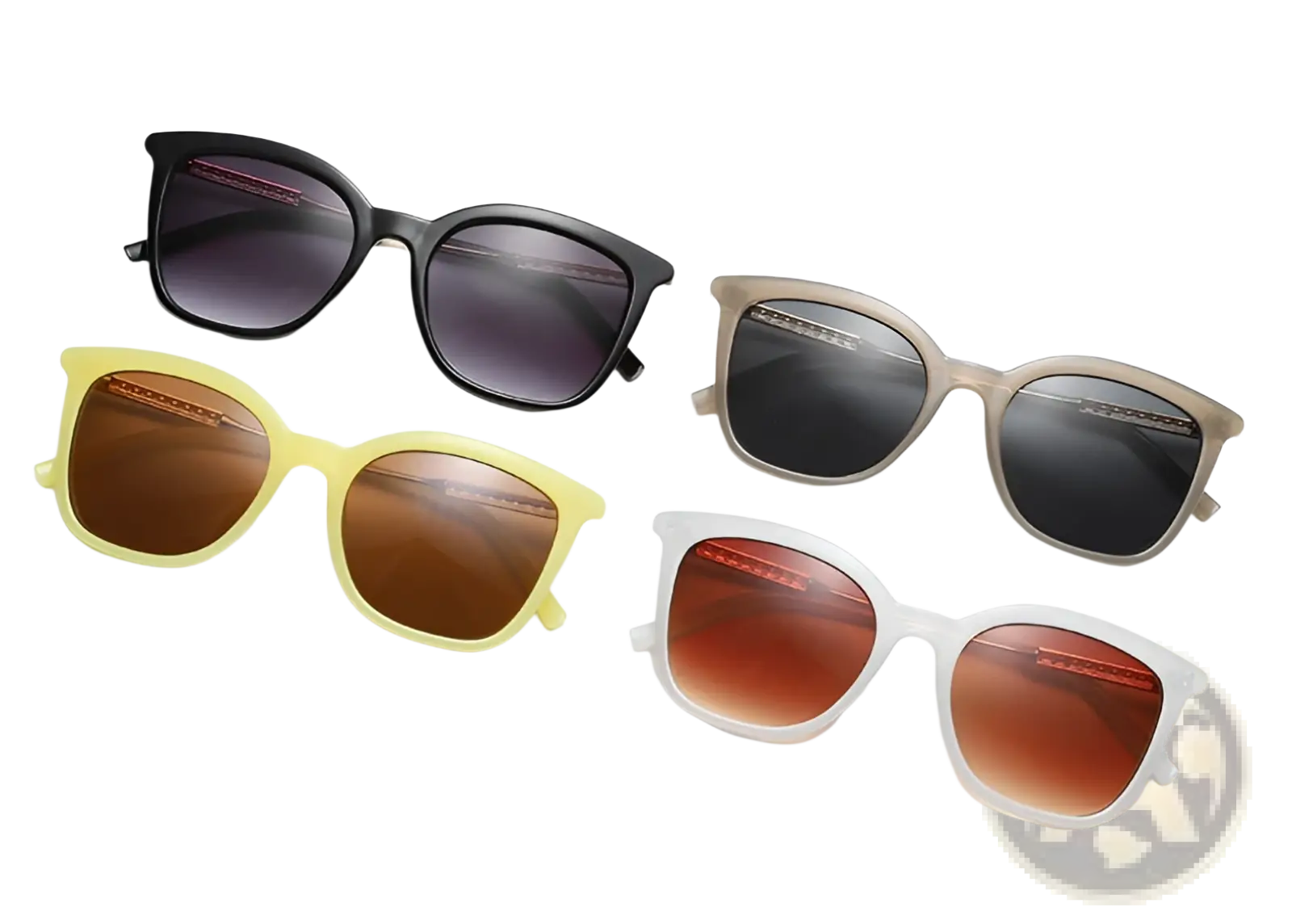 Set of vintage cat eye sunglasses with gold chain detail in black yellow beige and white frames with gradient lenses