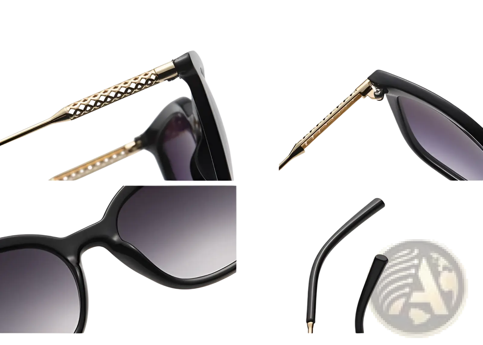 Black acetate vintage cat eye sunglasses with gold tone diamond cut metal temples and gradient lenses