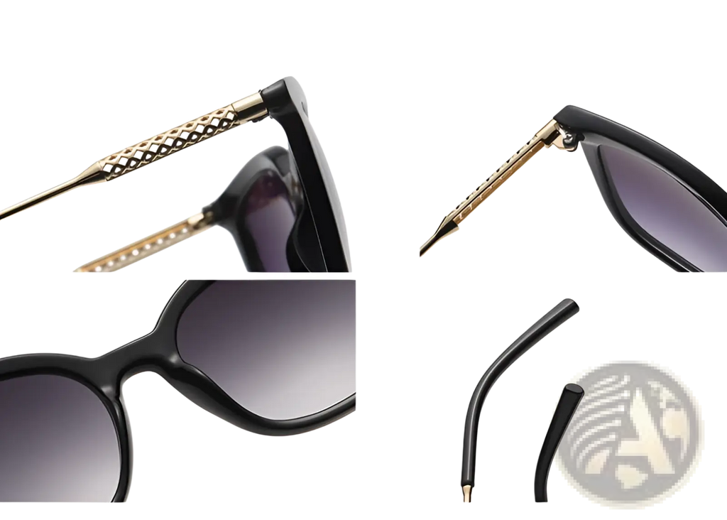 Black acetate vintage cat eye sunglasses with gold tone diamond cut metal temples and gradient lenses