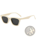 Cream-colored acetate sunglasses with dark gray lenses and a sleek rectangular frame from vintage cat eye collection