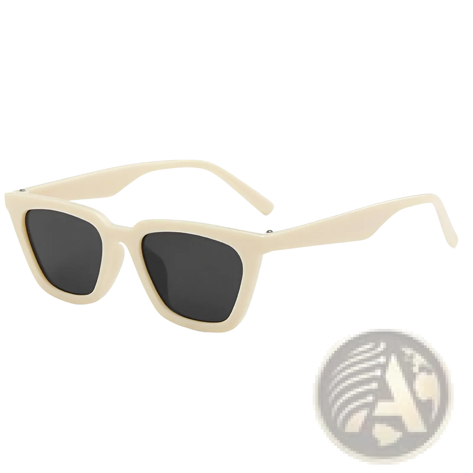 Cream-colored acetate sunglasses with dark gray lenses and a sleek rectangular frame from vintage cat eye collection